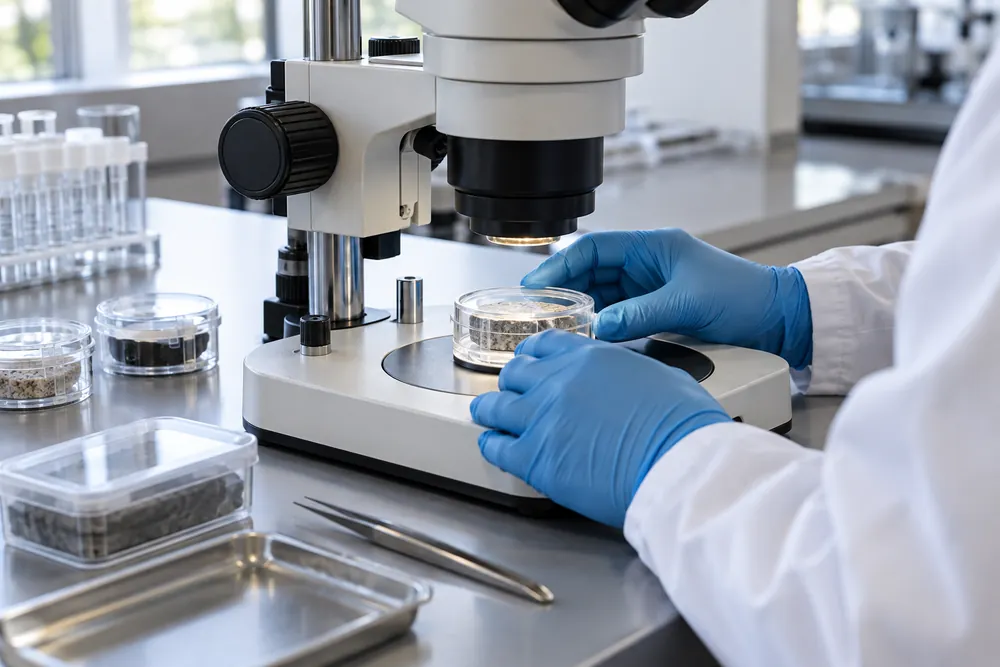 Gloved laboratory analyst examining a sealed material sample beside a microscope